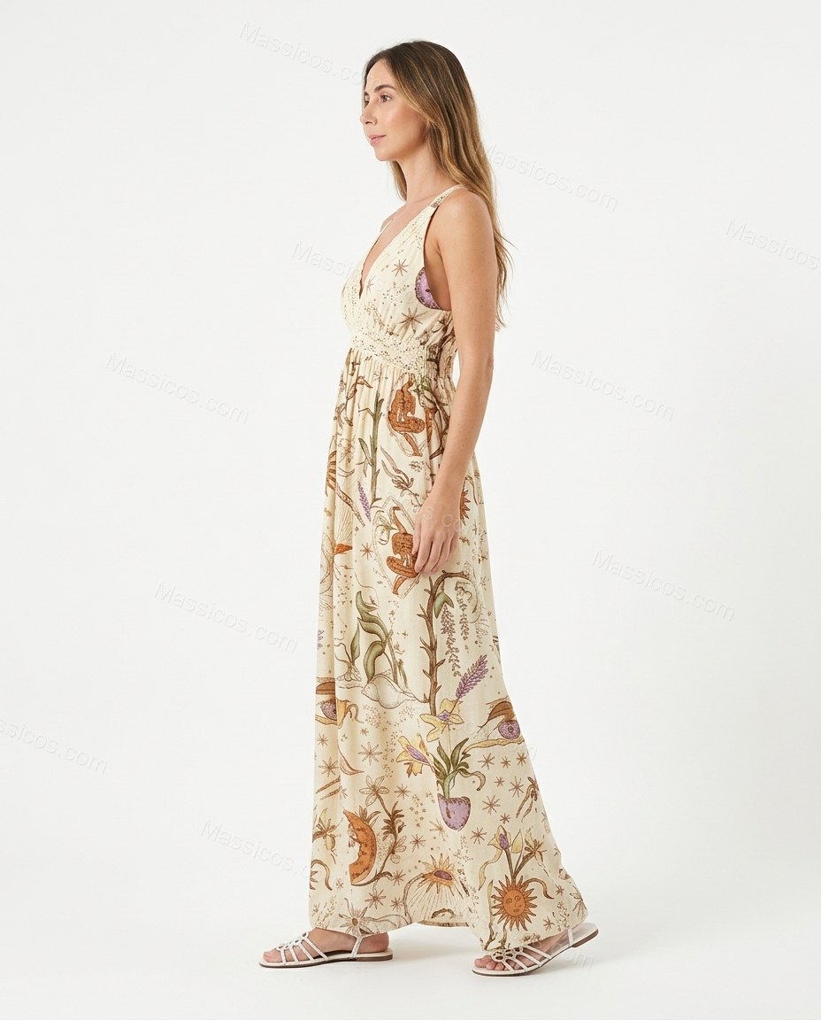 Cream Maxi Lace Dress, side and back studio view, by Massicos