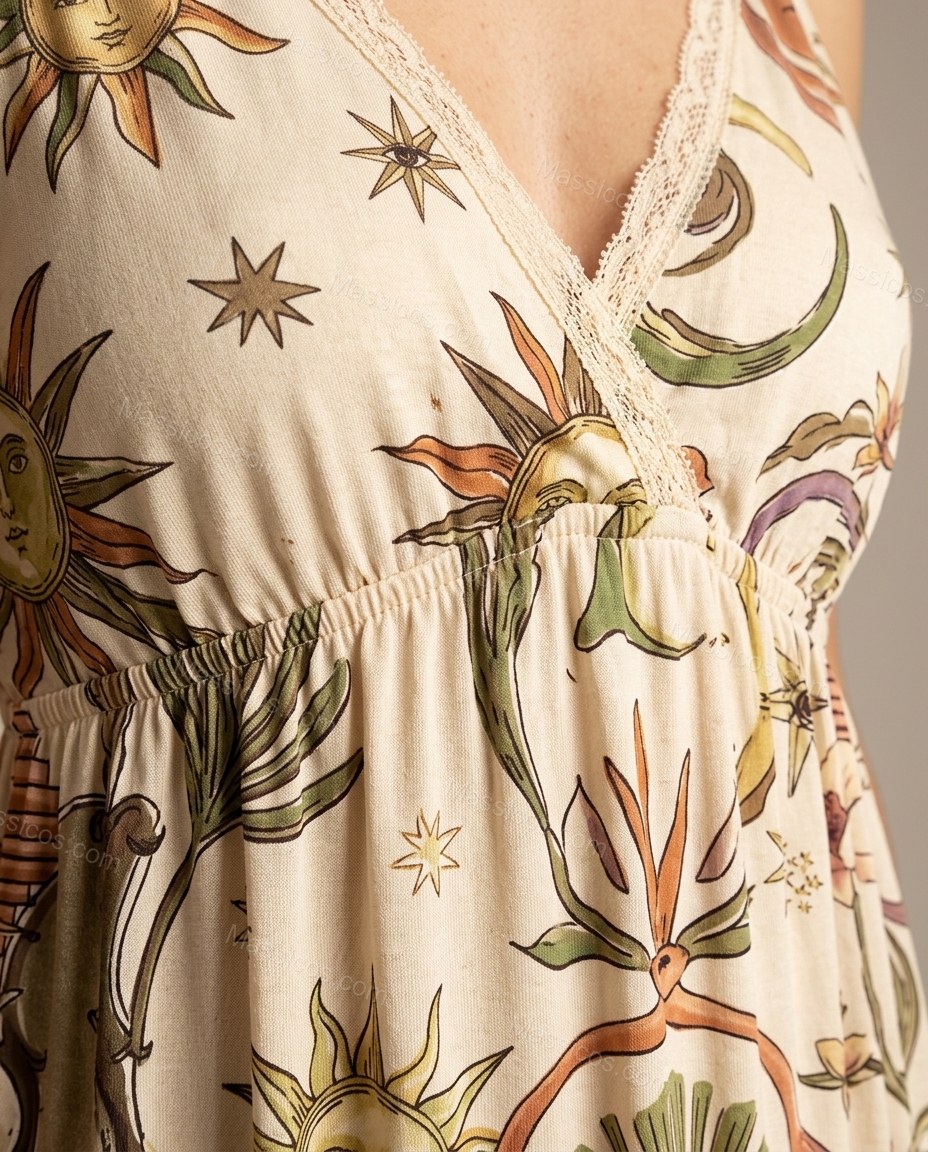 Cream Maxi Lace Dress, close-up of brown and green accents, lace trim at neckline and wide straps, by Massicos