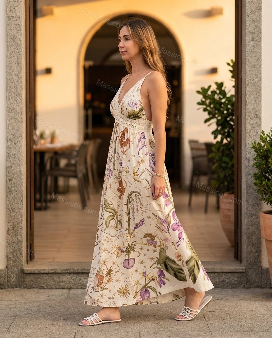 Cream Maxi Lace Dress, movement and fit lifestyle view, by Massicos