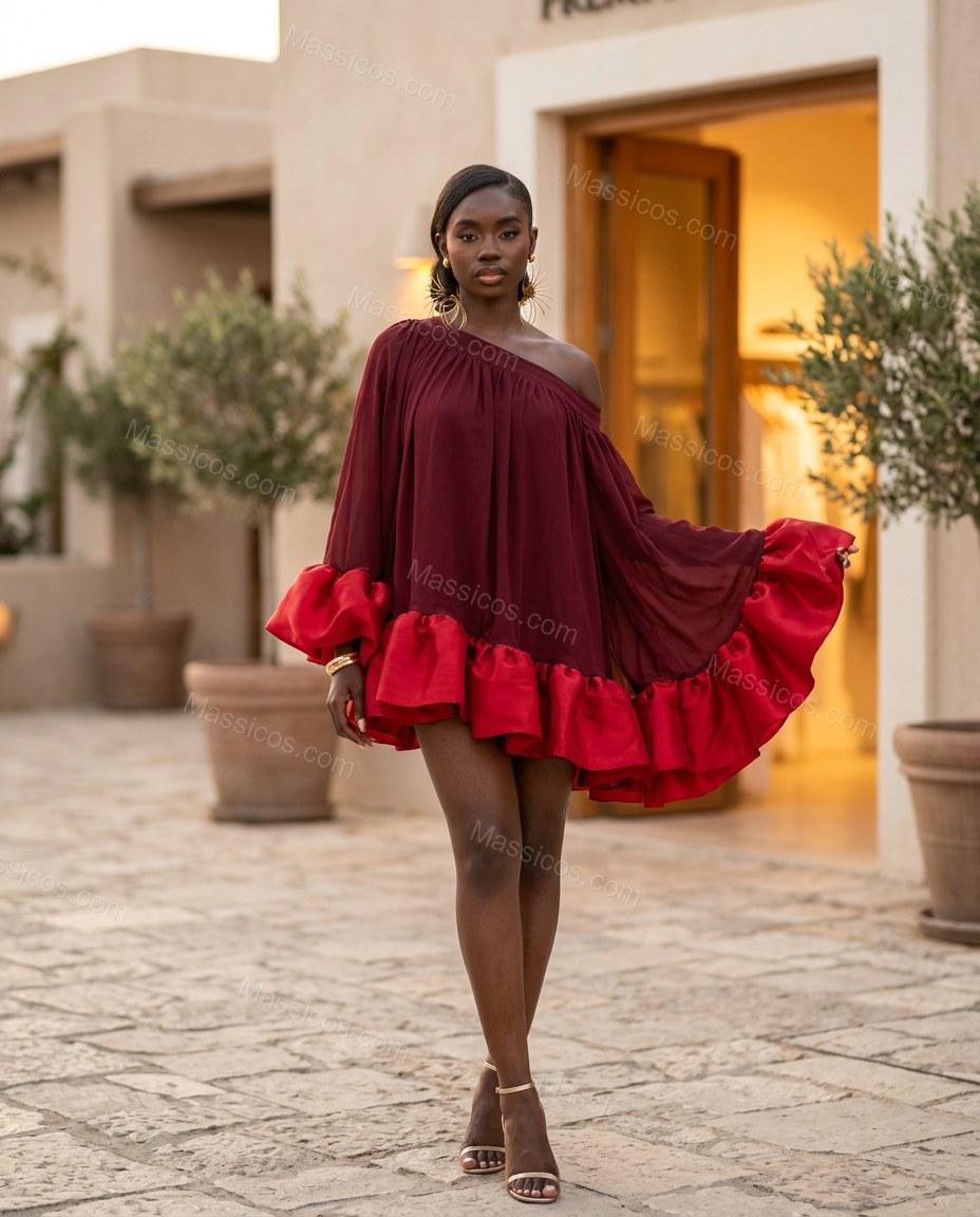 Burgundy Mini Off-Shoulder Ruffled Dress, three-quarter brand lifestyle view, by Massicos