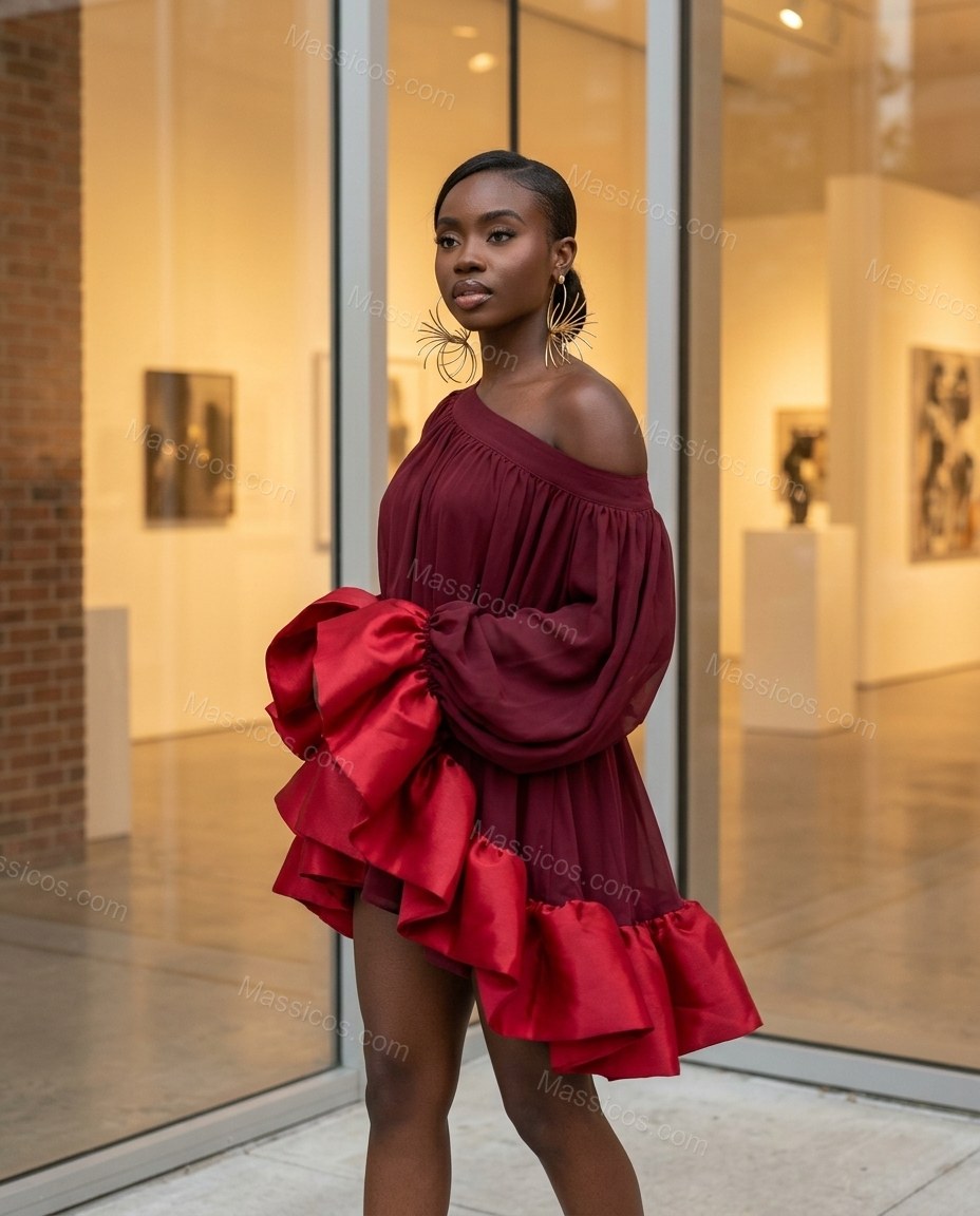 Burgundy Mini Off-Shoulder Ruffled Dress, alternate use-case lifestyle view, by Massicos