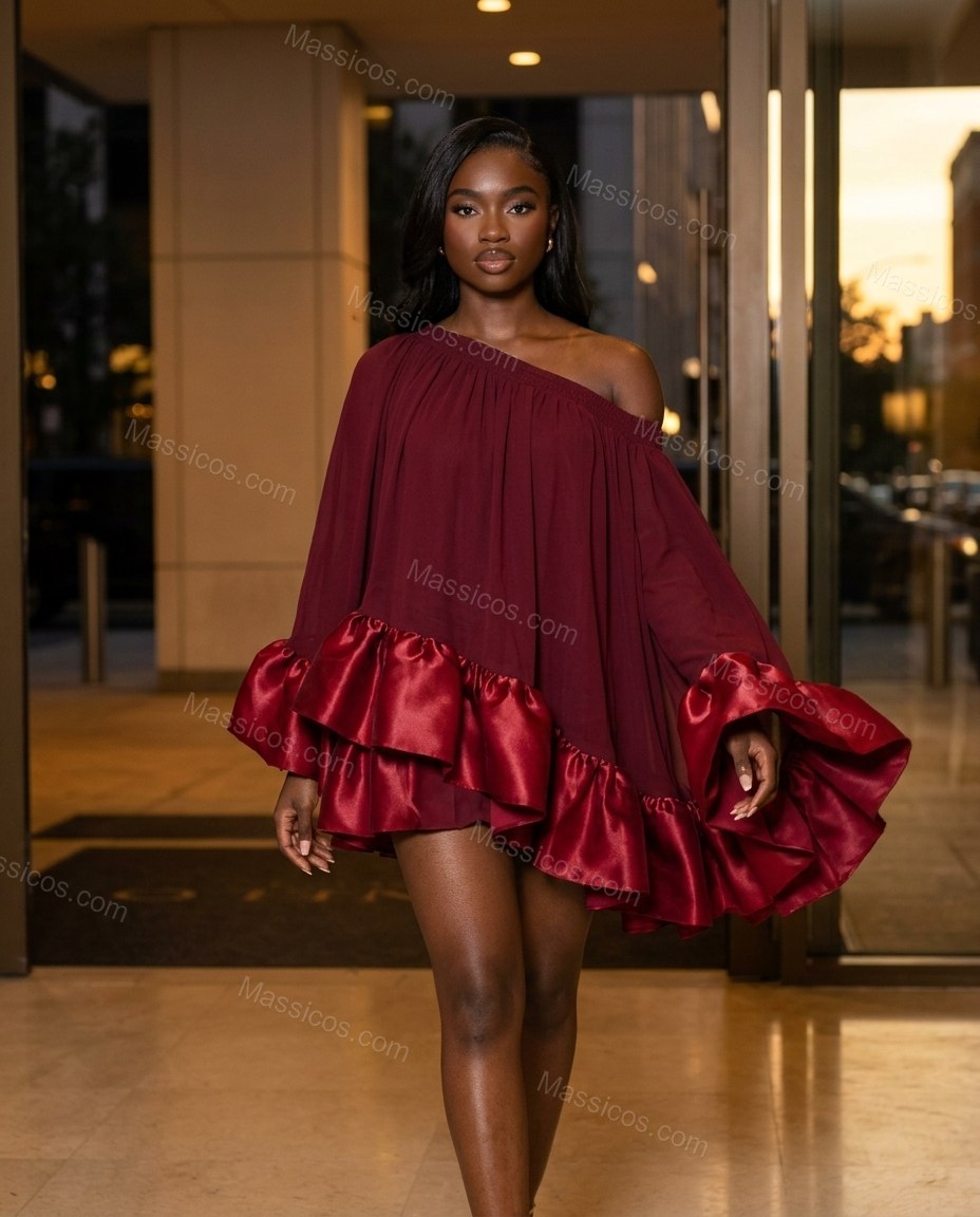 Burgundy Mini Off-Shoulder Ruffled Dress, movement and fit lifestyle view, by Massicos