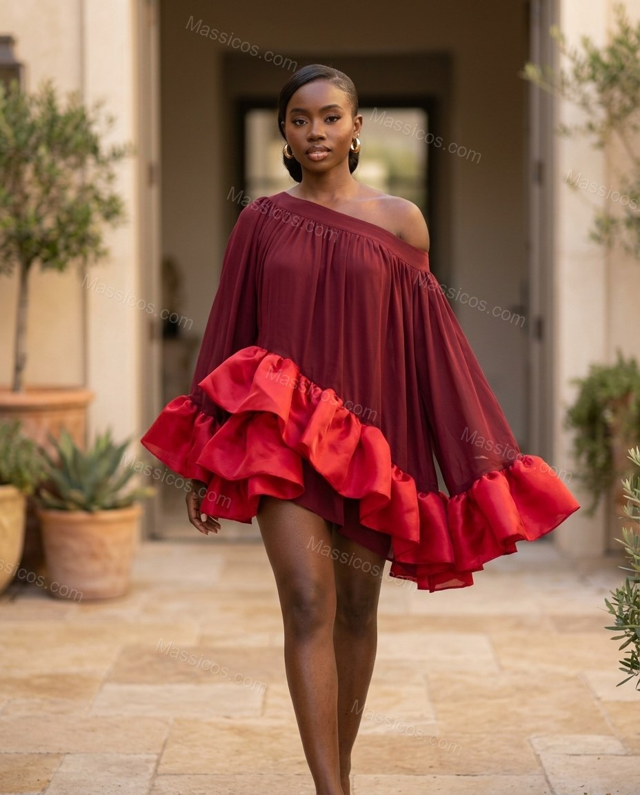 Burgundy Mini Off-Shoulder Ruffled Dress, walking lifestyle view, by Massicos