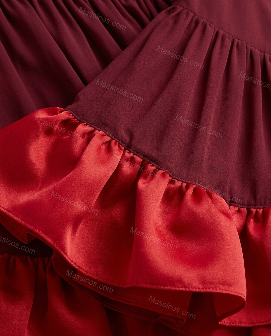 Burgundy Mini Off-Shoulder Ruffled Dress, close-up of ruffles, gathered sleeves and off-shoulder neckline, by Massicos