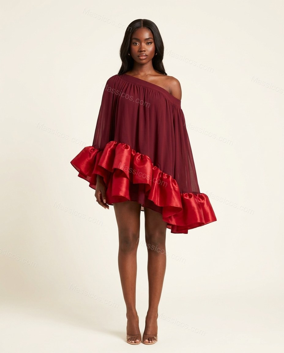 Burgundy Mini Off-Shoulder Ruffled Dress, side and back studio view, by Massicos
