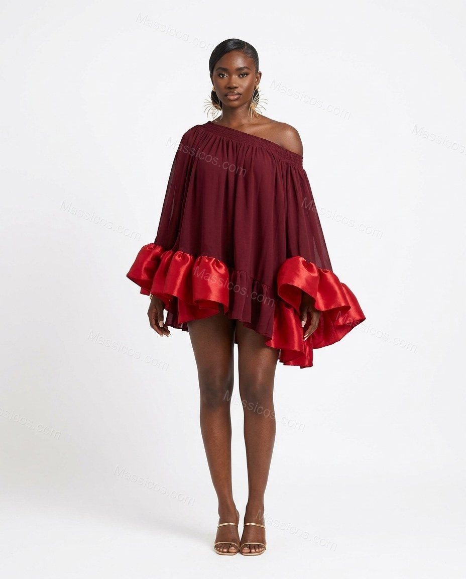 Burgundy Mini Off-Shoulder Ruffled Dress, front studio view, by Massicos