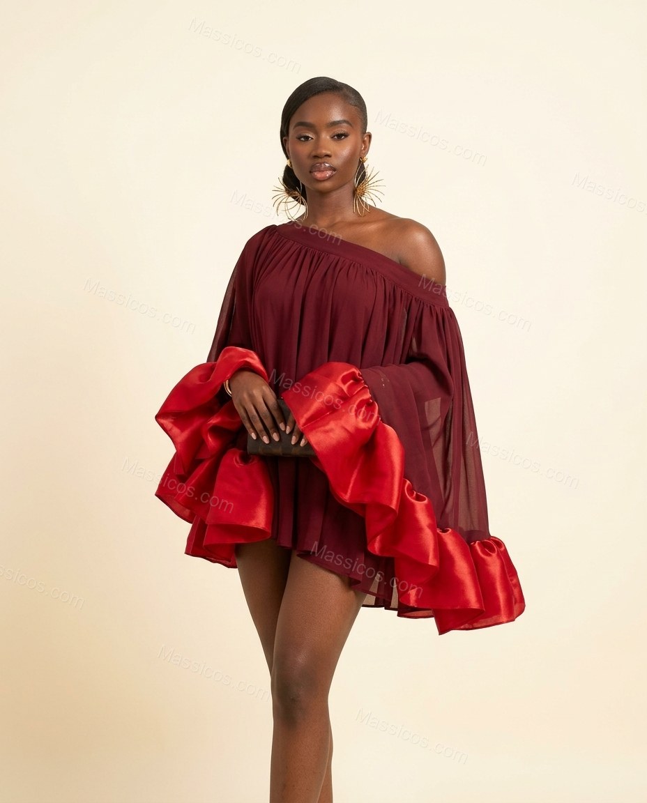 Burgundy Mini Off-Shoulder Ruffled Dress, full-length hero view, by Massicos