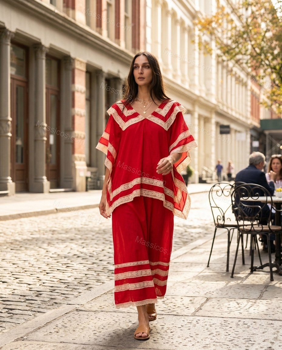 Red Striped Maxi Tiered Dress, three-quarter brand lifestyle view, by Massicos