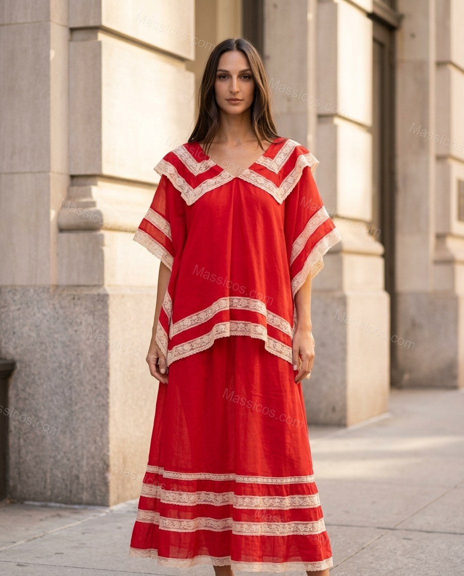 Red Striped Maxi Tiered Dress, full-length hero view, by Massicos