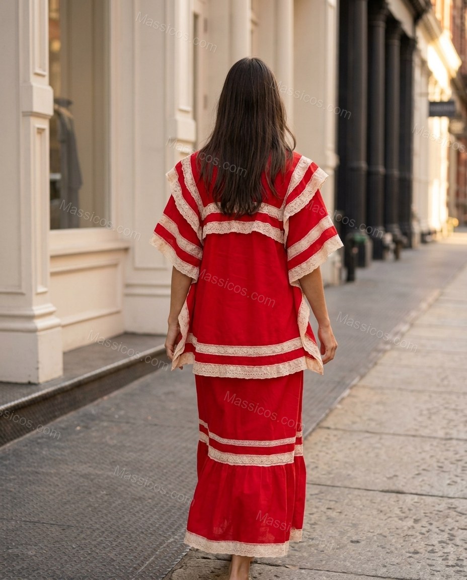 Red Striped Maxi Tiered Dress, movement and fit lifestyle view, by Massicos