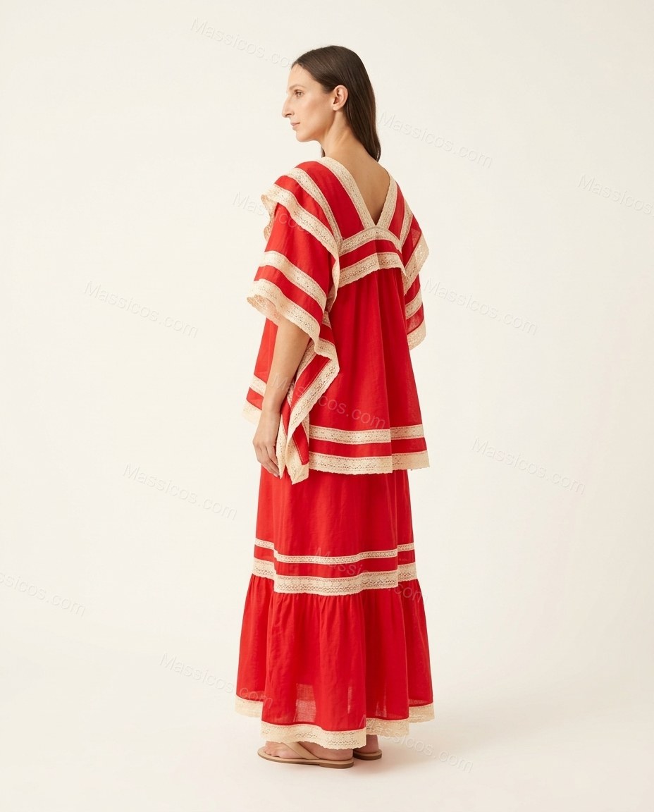 Red Striped Maxi Tiered Dress, back studio view, by Massicos
