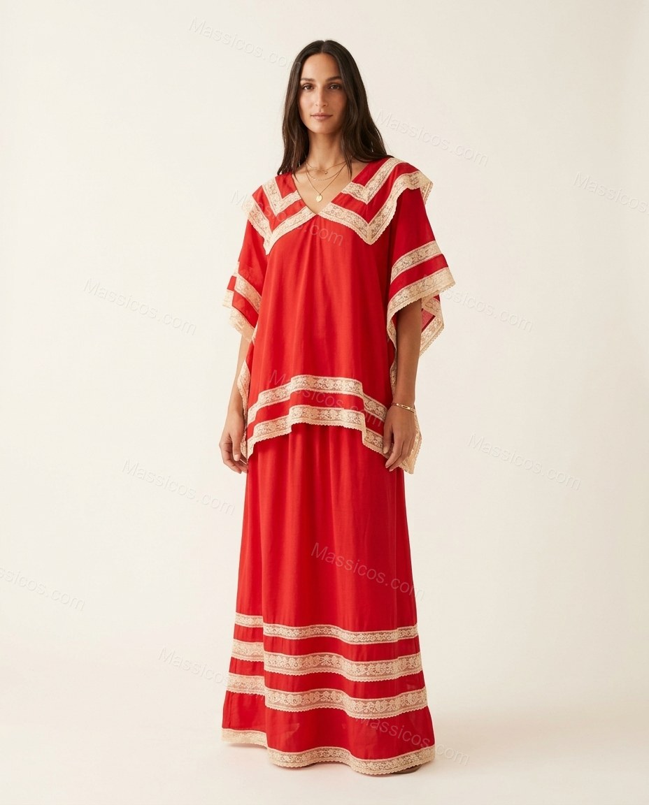 Red Striped Maxi Tiered Dress, front studio view, by Massicos