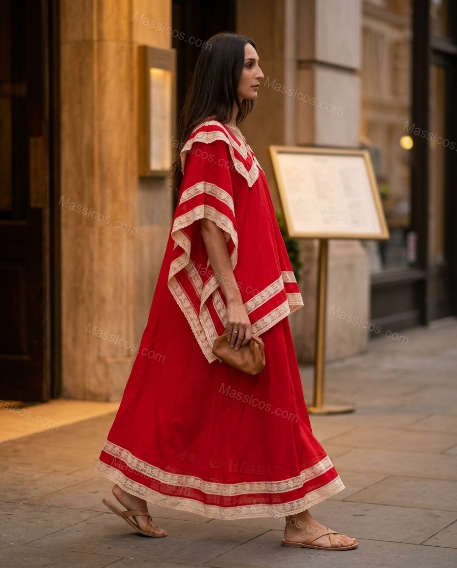 Red Striped Maxi Tiered Dress, walking lifestyle view, by Massicos