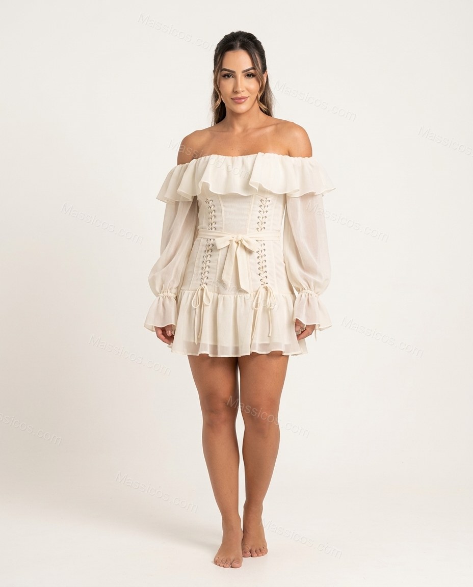 Off-white Mini Off-Shoulder Ruffled Dress, front studio view, by Massicos