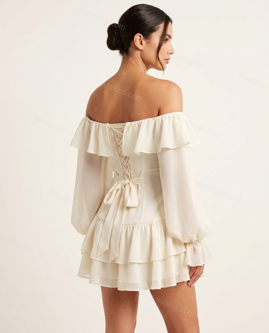 Off-white Mini Off-Shoulder Ruffled Dress, back studio view showing corset lacing visible, by Massicos