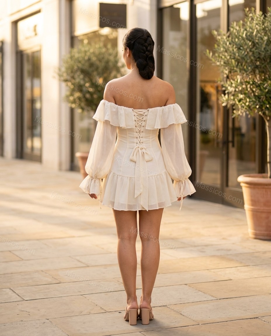 Off-white Mini Off-Shoulder Ruffled Dress, alternate use-case lifestyle view, by Massicos