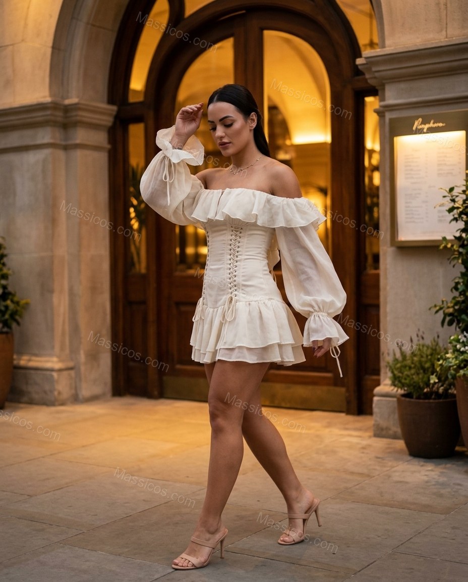 Off-white Mini Off-Shoulder Ruffled Dress, three-quarter brand lifestyle view, by Massicos