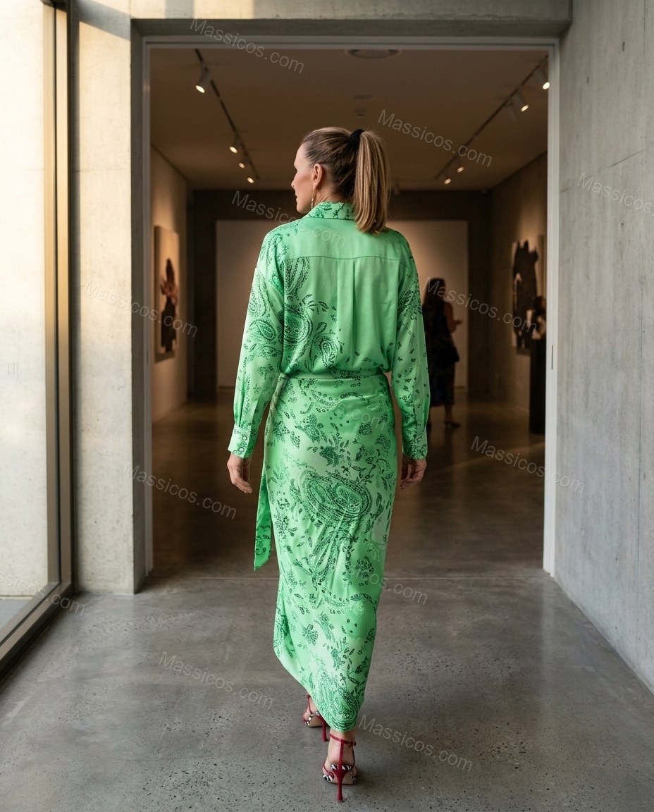 Green Paisley Asymmetric Satin Shirt & Skirt Set, movement and fit lifestyle view, by Massicos