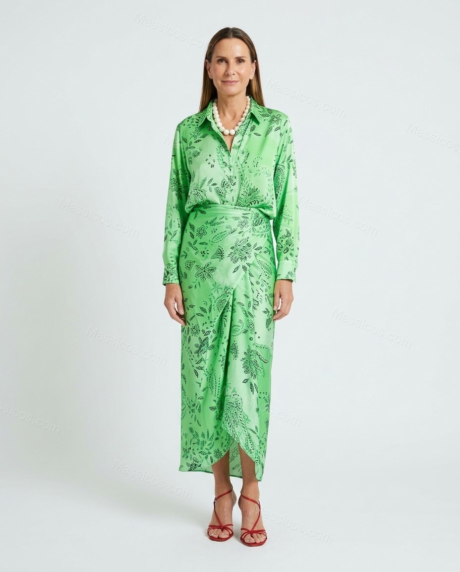 Green Paisley Asymmetric Satin Shirt & Skirt Set, front studio view, by Massicos