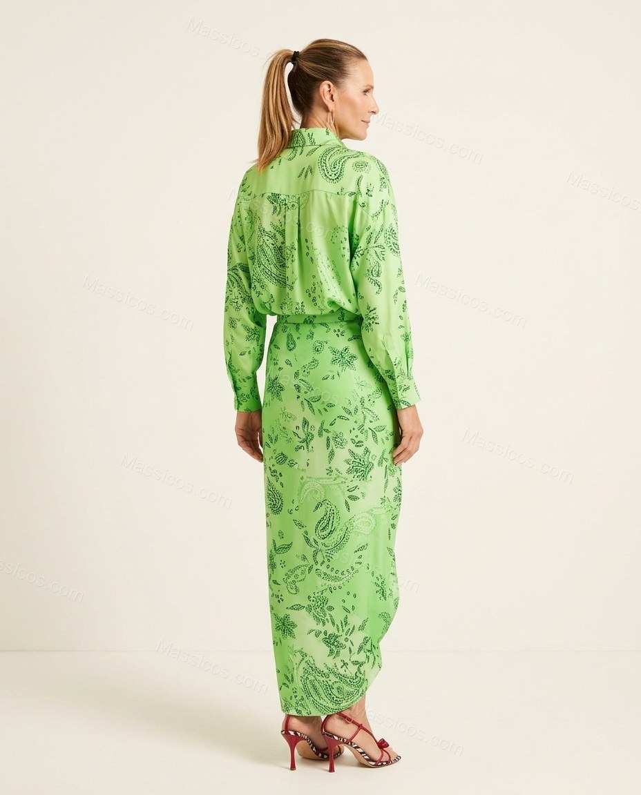 Green Paisley Asymmetric Satin Shirt & Skirt Set, back studio view showing unknown, likely plain with a yoke, by Massicos