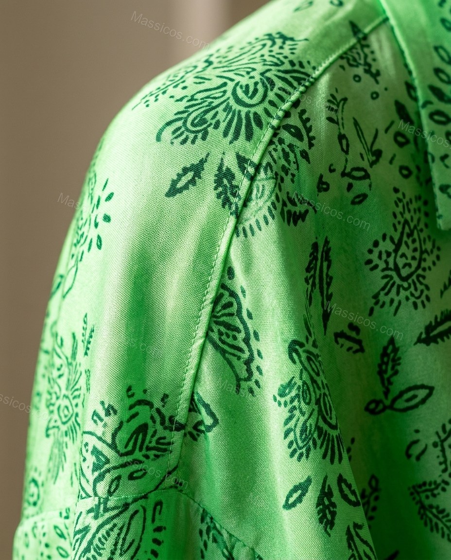 Green Paisley Asymmetric Satin Shirt & Skirt Set, close-up of paisley, by Massicos