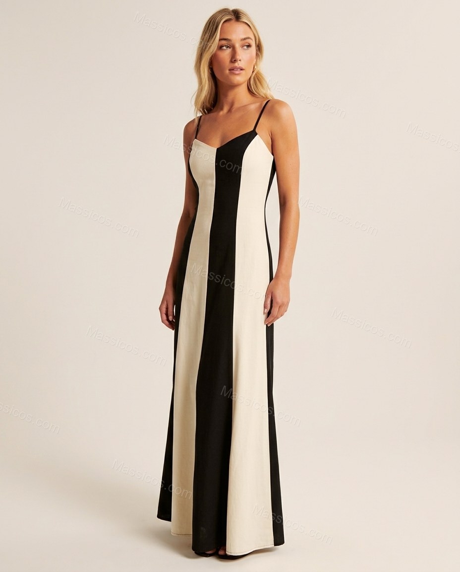 Cream Color-Block Maxi Dress, front studio view, by Massicos
