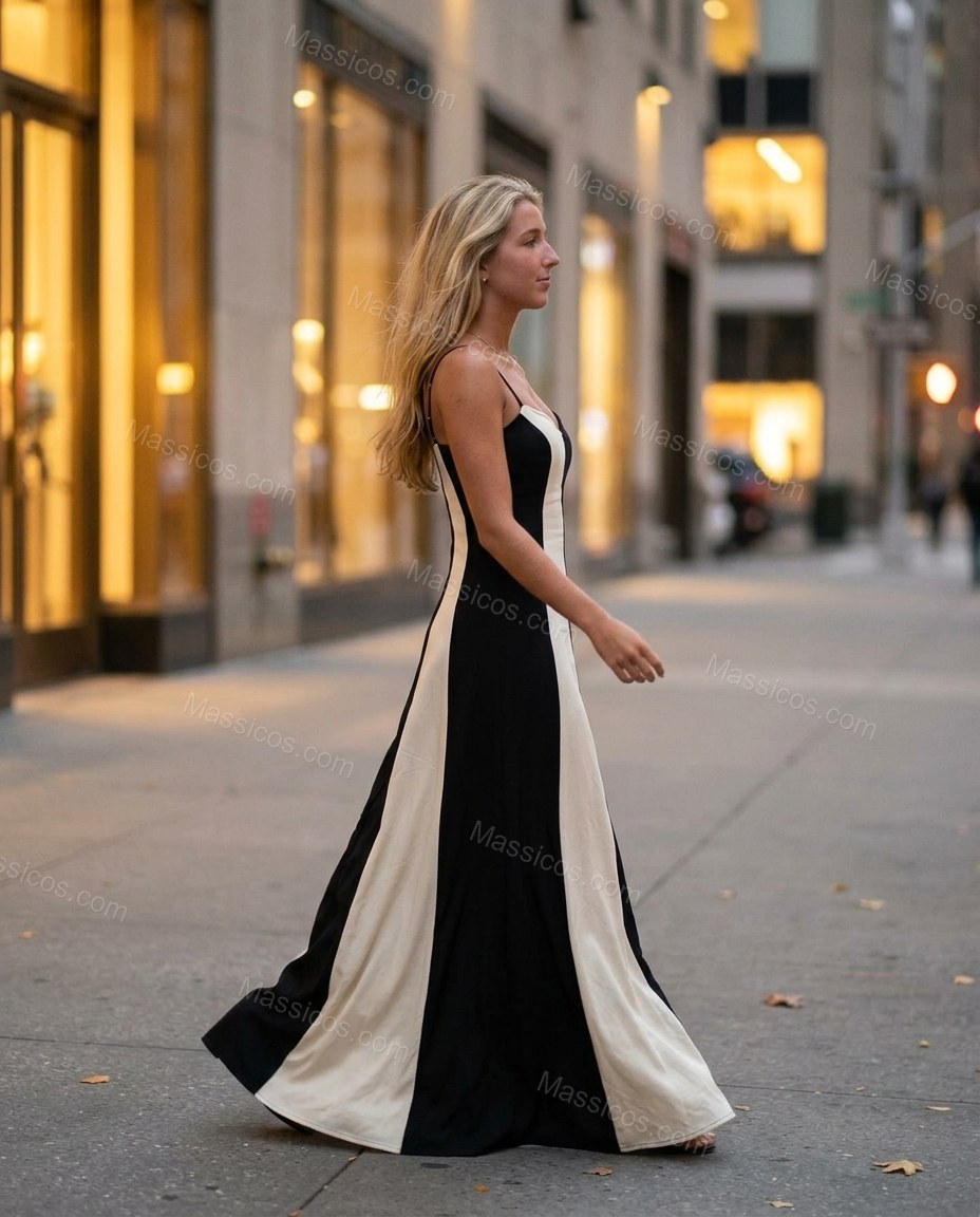 Cream Color-Block Maxi Dress, movement and fit lifestyle view, by Massicos