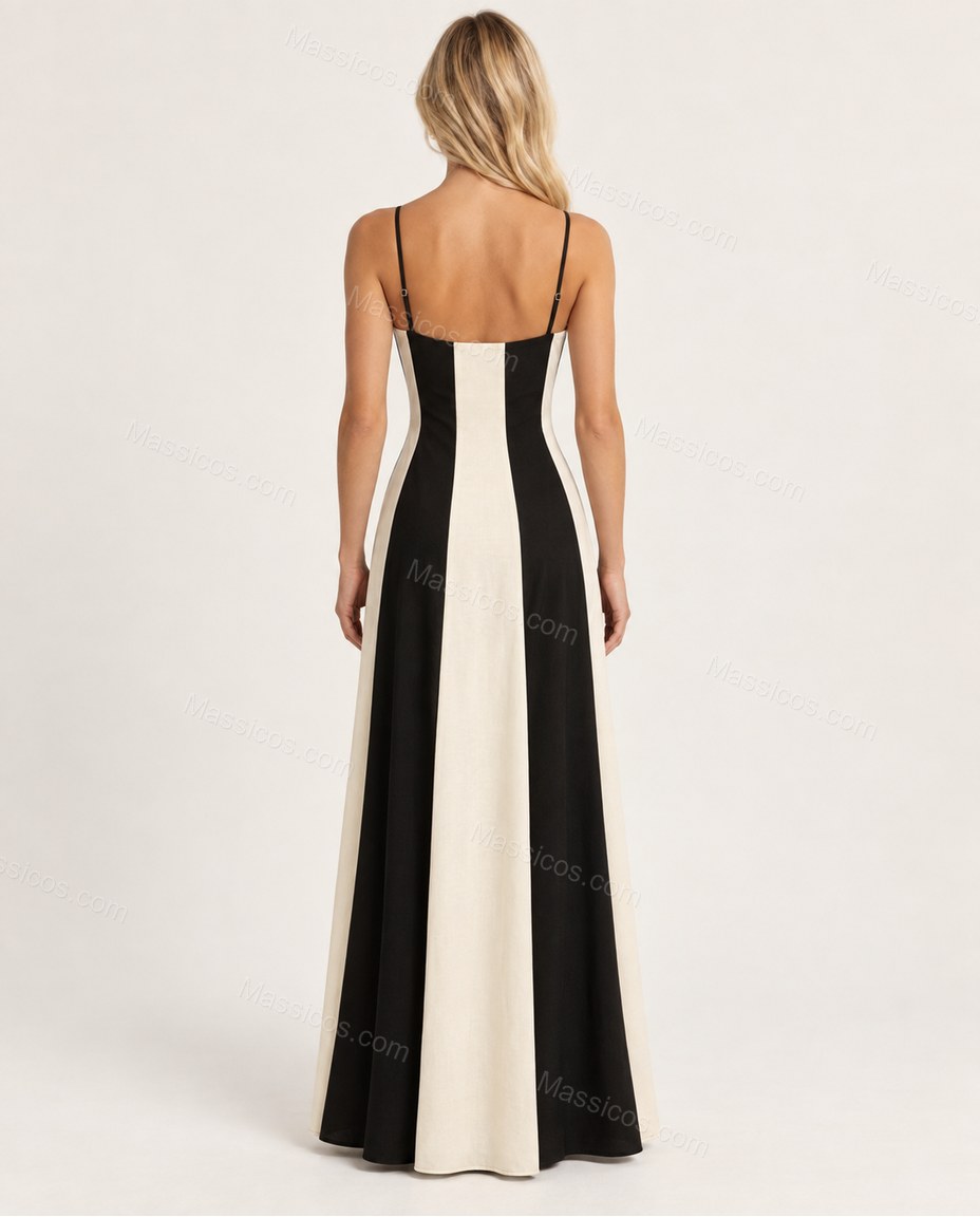 Cream Color-Block Maxi Dress, side and back studio view, by Massicos
