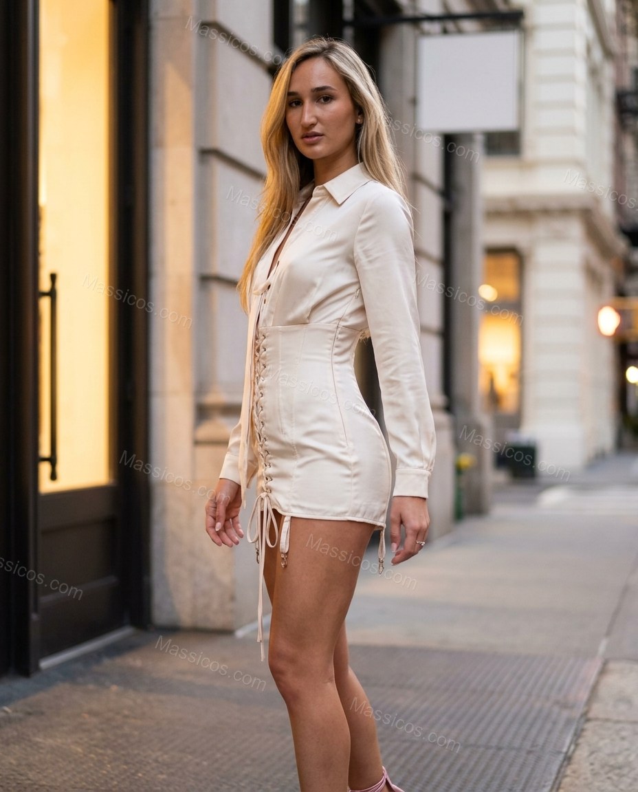 Off-white Lace Jumpsuit, three-quarter brand lifestyle view, by Massicos