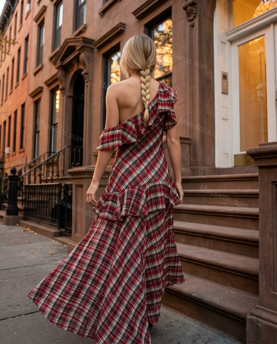 Red Plaid Maxi One-Shoulder Dress, alternate use-case lifestyle view, by Massicos