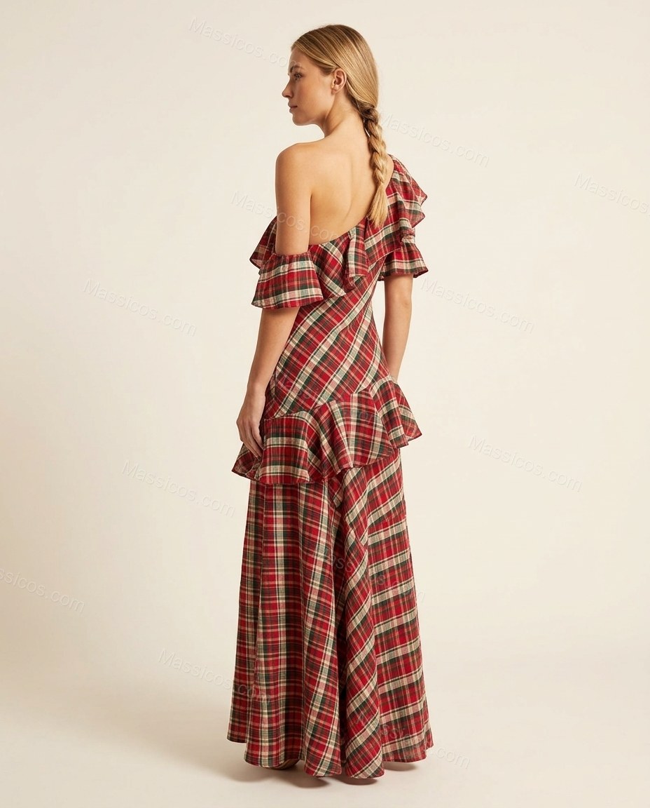 Red Plaid Maxi One-Shoulder Dress, back studio view showing exposed back with ruffles, by Massicos