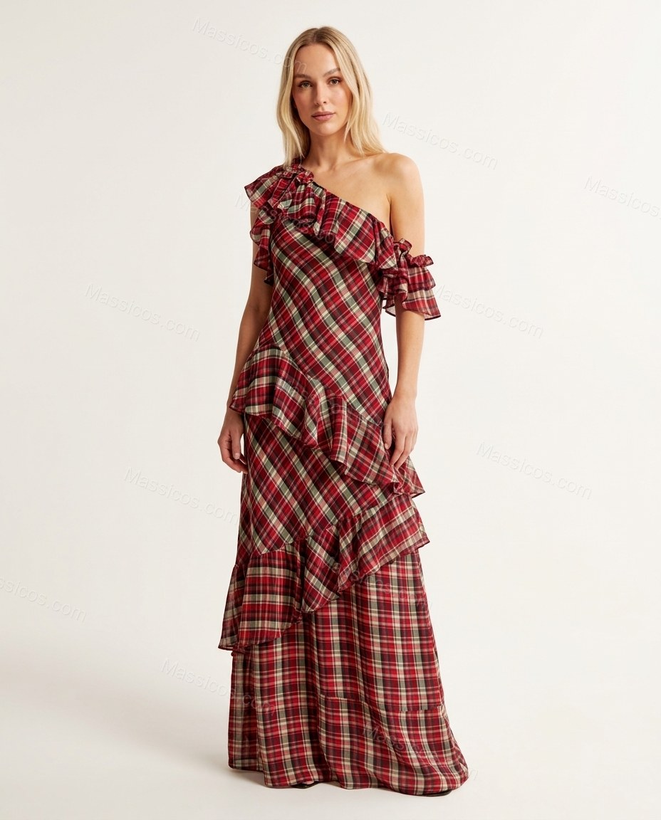 Red Plaid Maxi One-Shoulder Dress, front studio view, by Massicos