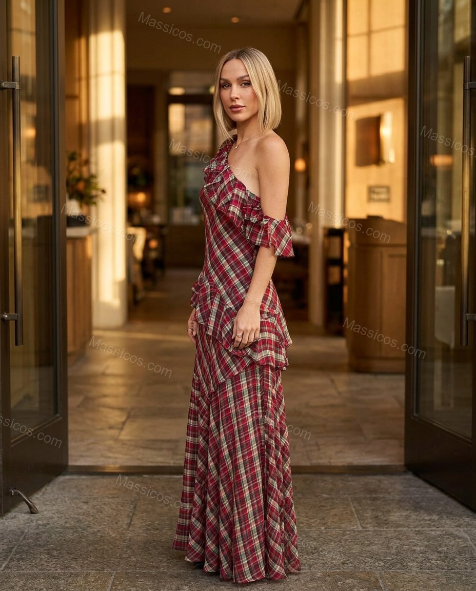 Red Plaid Maxi One-Shoulder Dress, three-quarter brand lifestyle view, by Massicos