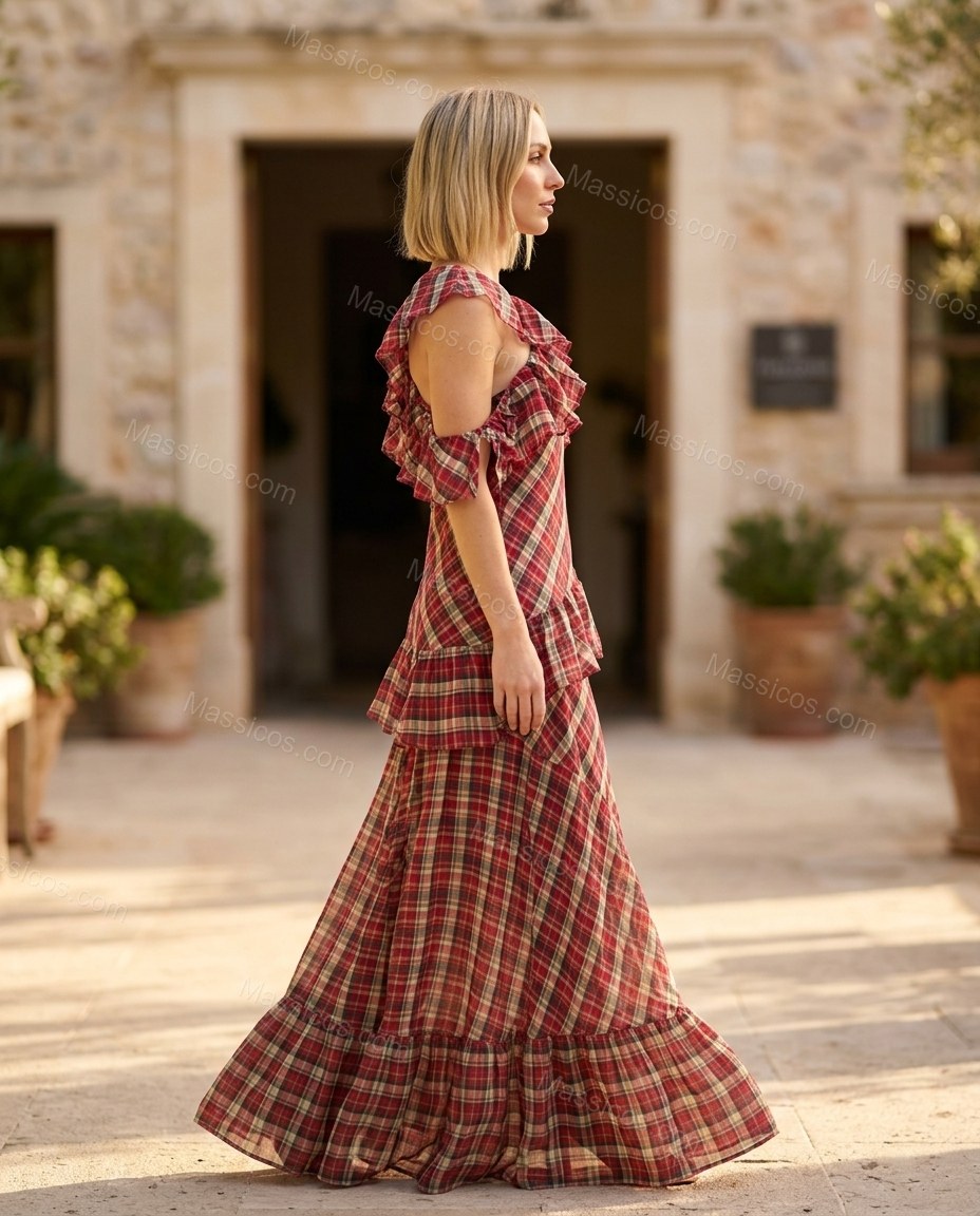 Red Plaid Maxi One-Shoulder Dress, movement and fit lifestyle view, by Massicos