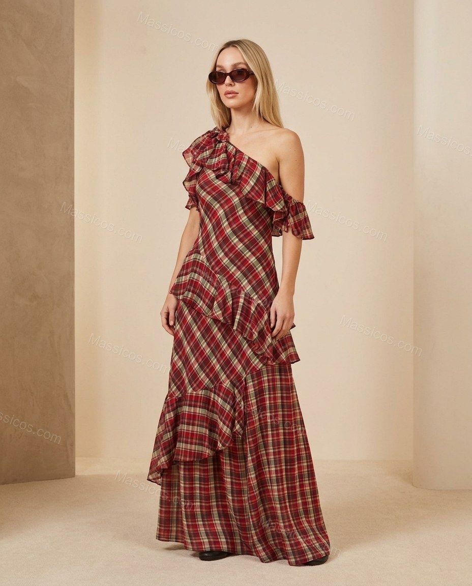 Red Plaid Maxi One-Shoulder Dress, full-length hero view, by Massicos