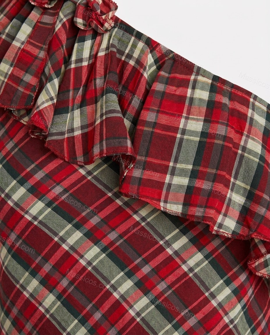 Red Plaid Maxi One-Shoulder Dress, close-up of plaid, by Massicos