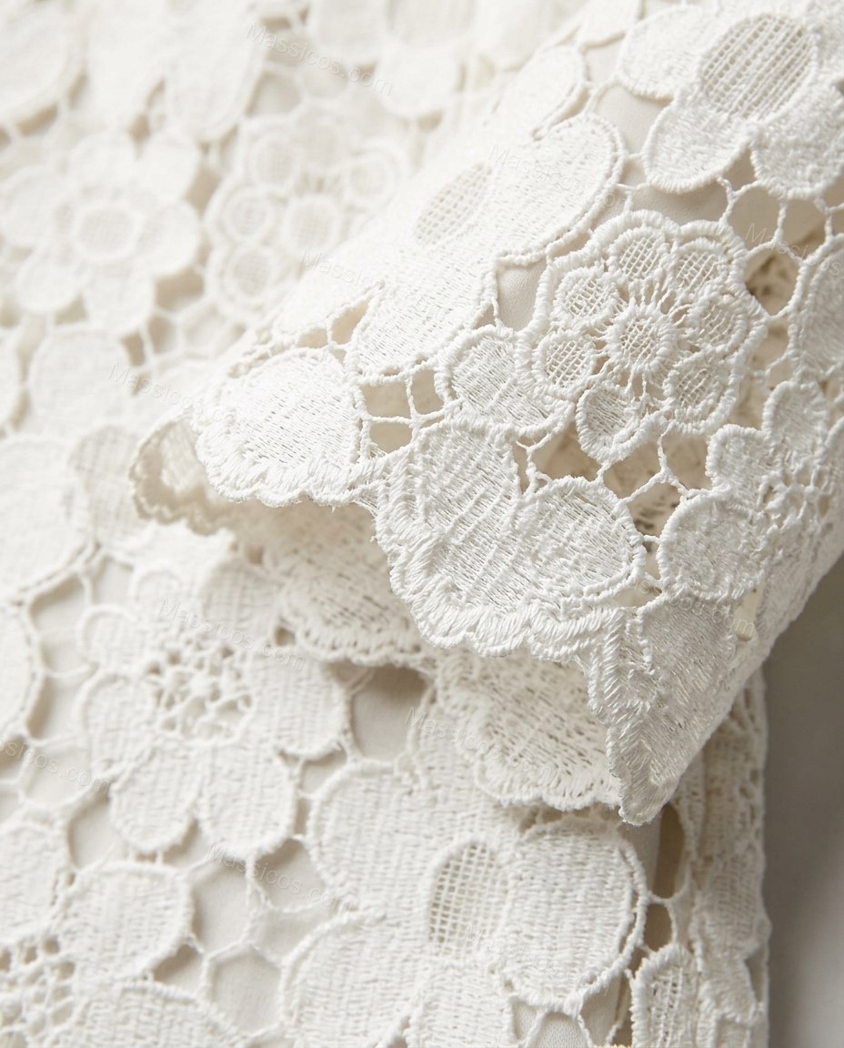 White Floral Mini Open-Back Dress, close-up of floral and scalloped hem, by Massicos