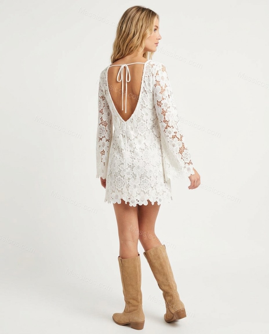 White Floral Mini Open-Back Dress, back studio view showing open back with tie closure, by Massicos