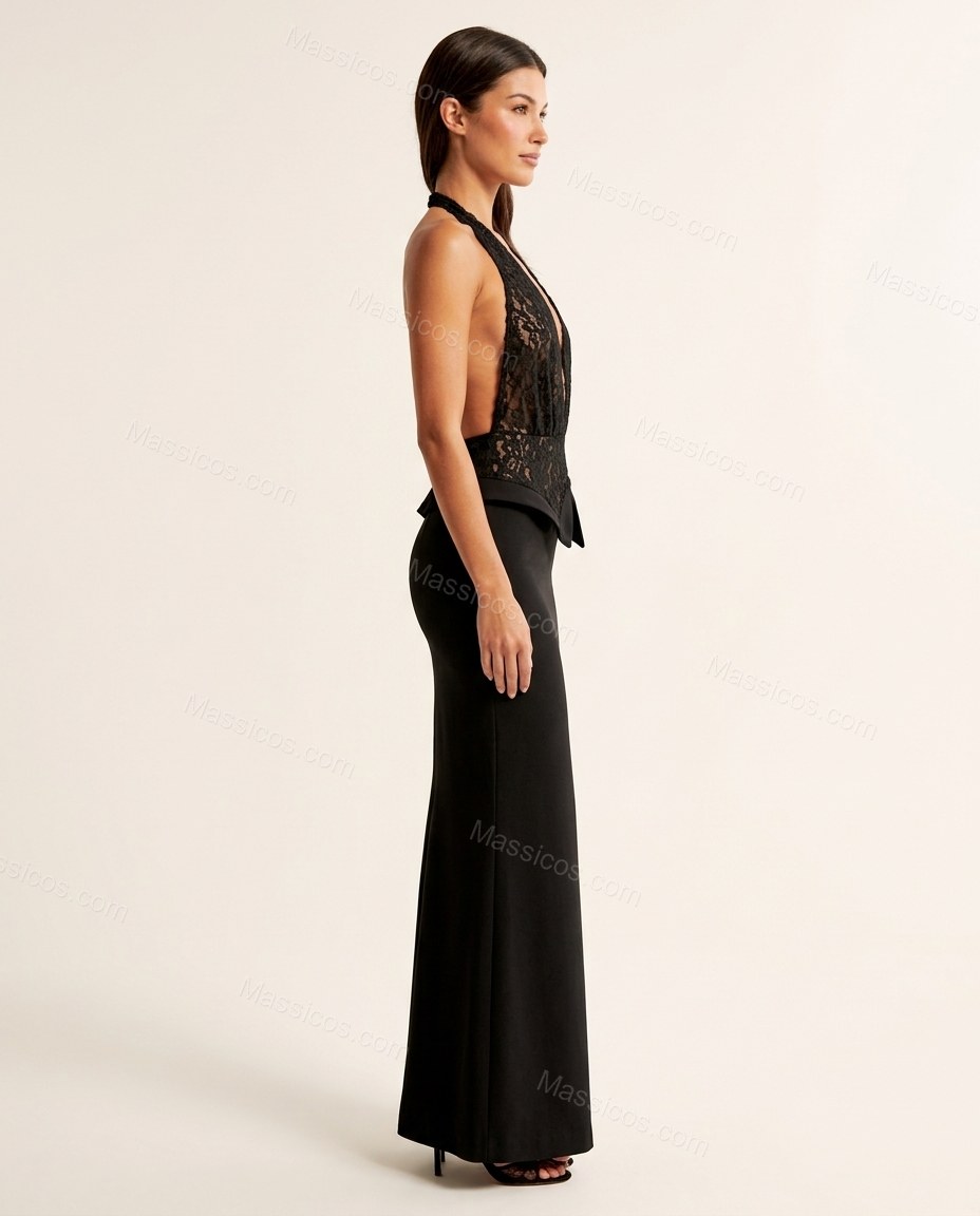 Black Floral Maxi Halter Dress, side and back studio view showing not visible, by Massicos
