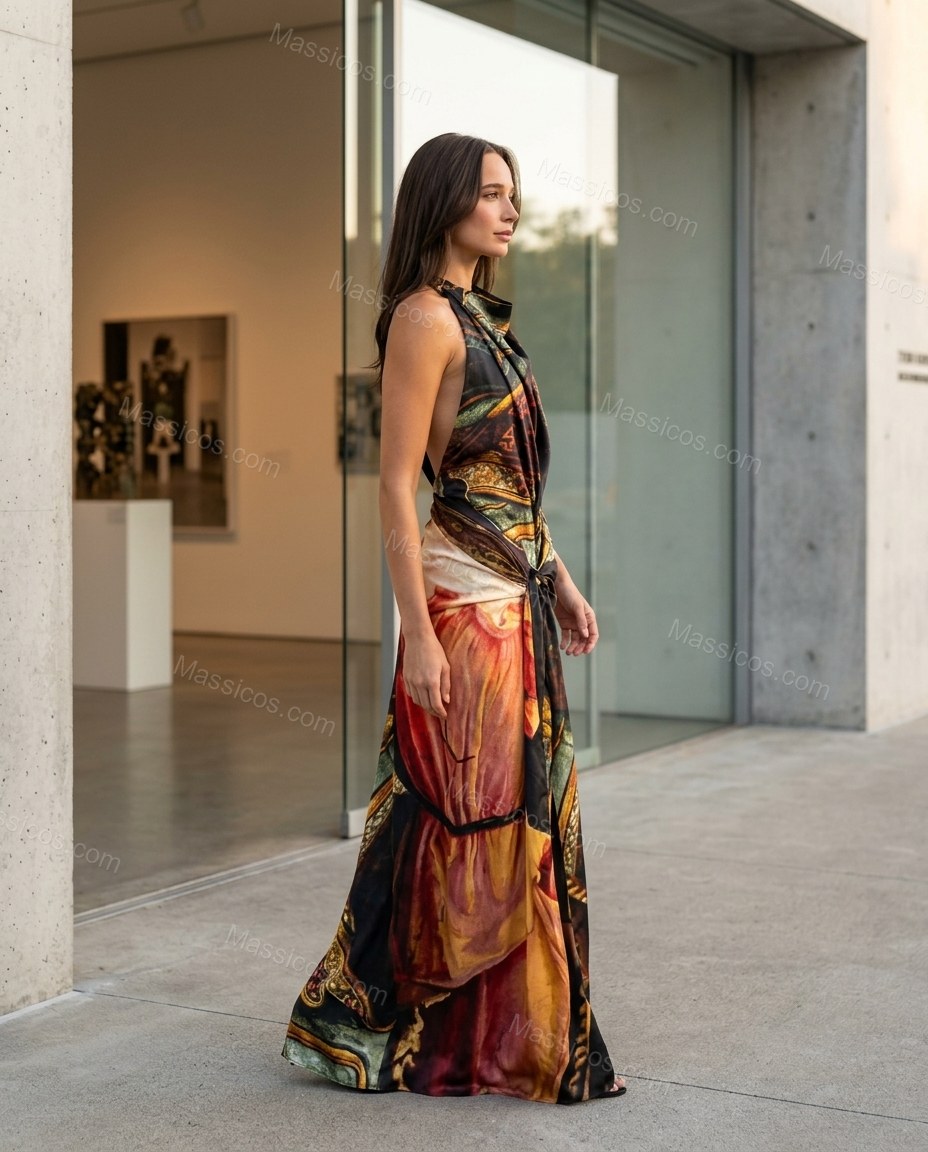 Multi-Color Maxi Cowl-Neck Halter Dress, movement and fit lifestyle view, by Massicos