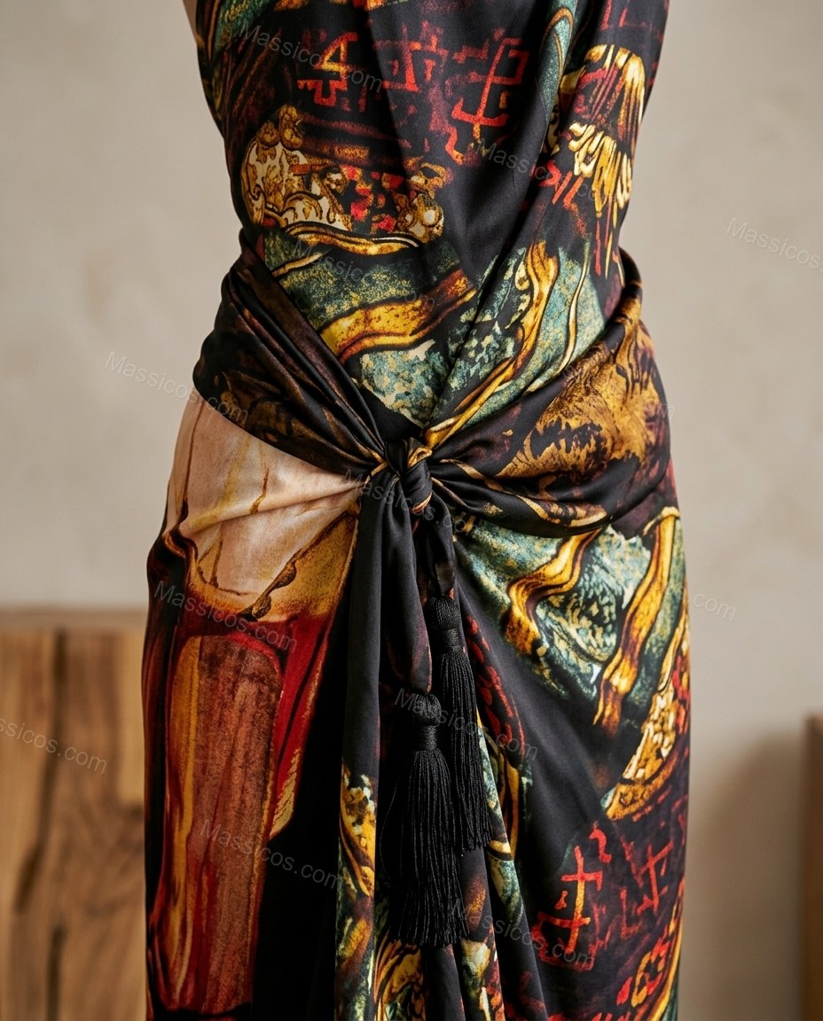 Multi-Color Maxi Cowl-Neck Halter Dress, close-up of black and red accents, draped front and deep v-back, by Massicos