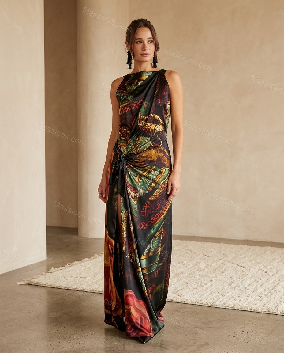 Multi-Color Maxi Cowl-Neck Halter Dress, full-length hero view, by Massicos