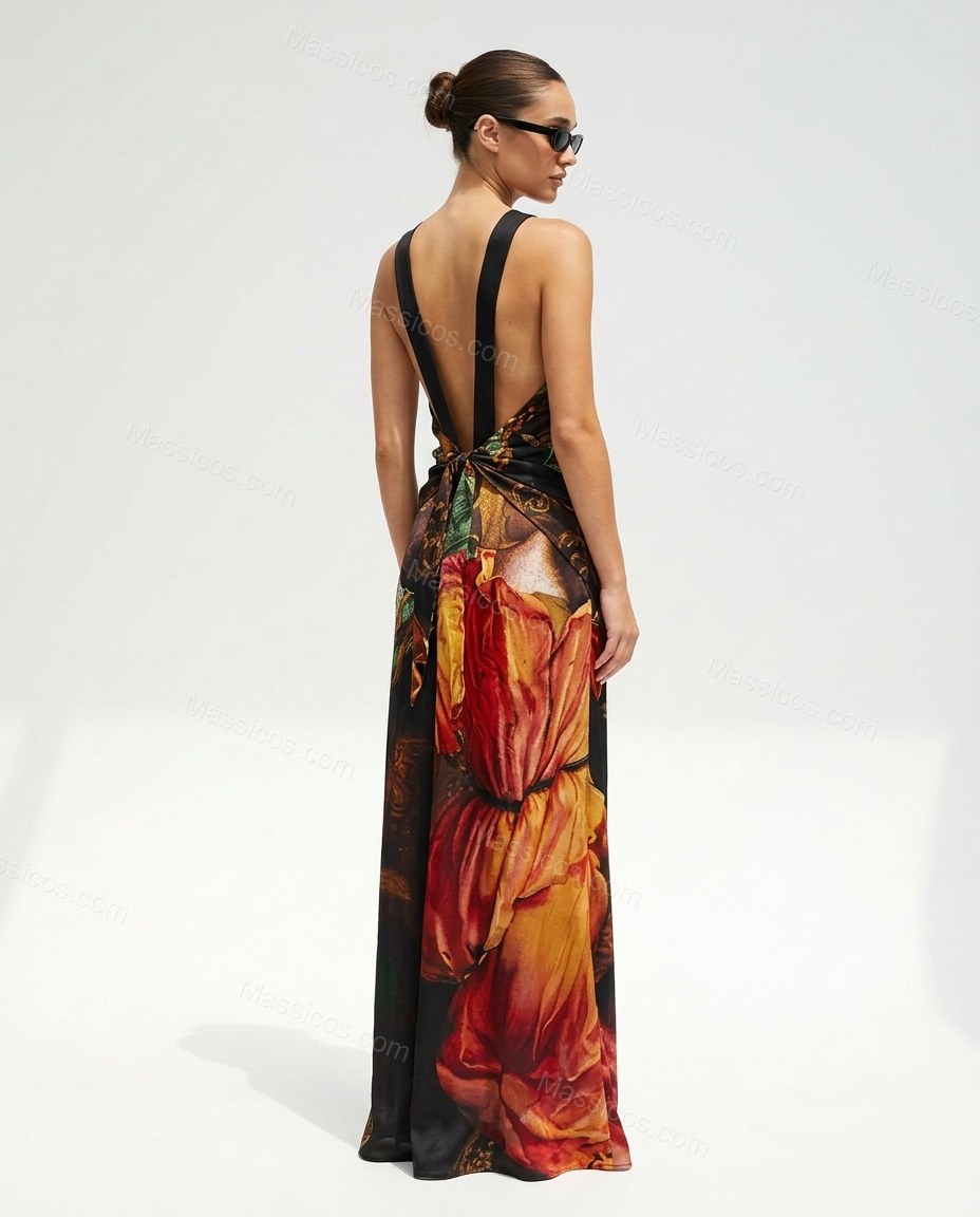 Multi-Color Maxi Cowl-Neck Halter Dress, back studio view, by Massicos