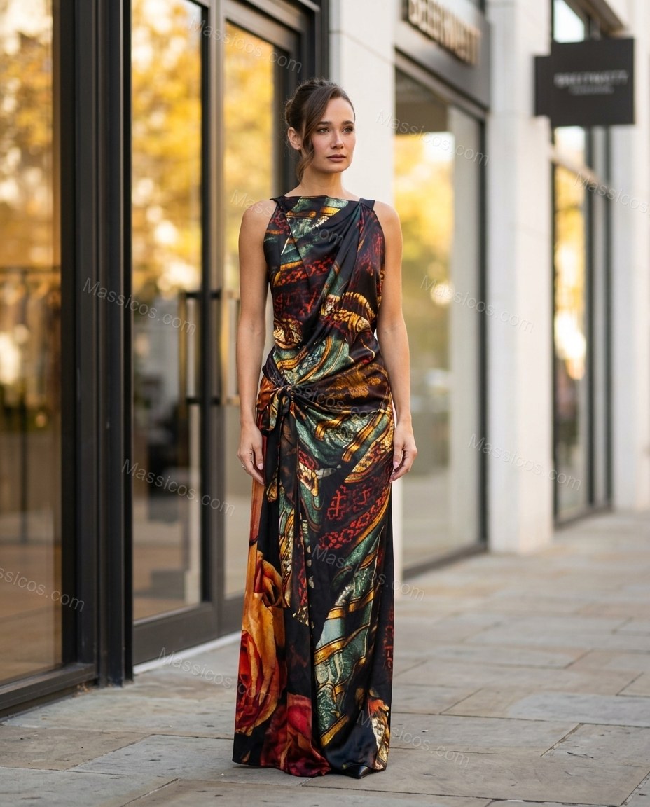 Multi-Color Maxi Cowl-Neck Halter Dress, three-quarter brand lifestyle view, by Massicos
