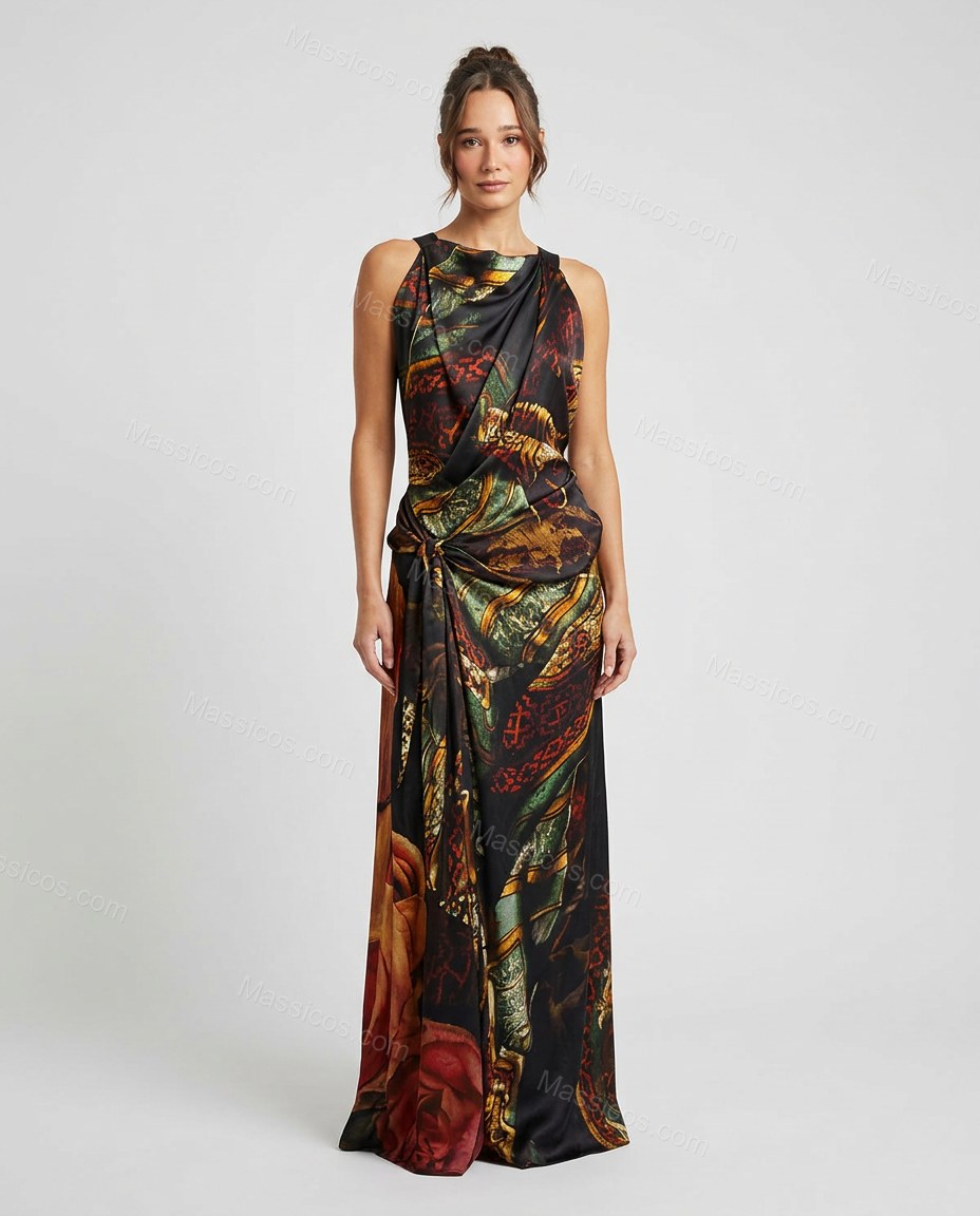 Multi-Color Maxi Cowl-Neck Halter Dress, front studio view, by Massicos