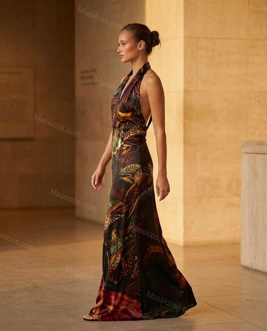 Multi-Color Maxi Cowl-Neck Halter Dress, walking lifestyle view, by Massicos