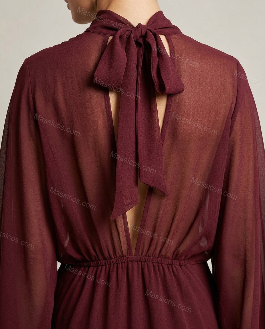 Burgundy Maxi Dress, close-up of sheer fabric, mock neck and back tie closure at neck, by Massicos