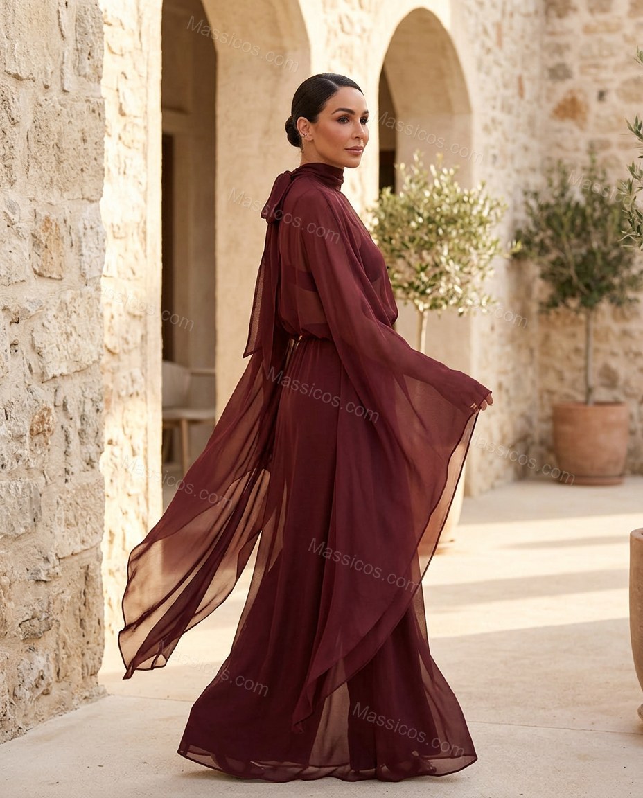 Burgundy Maxi Dress, movement and fit lifestyle view, by Massicos