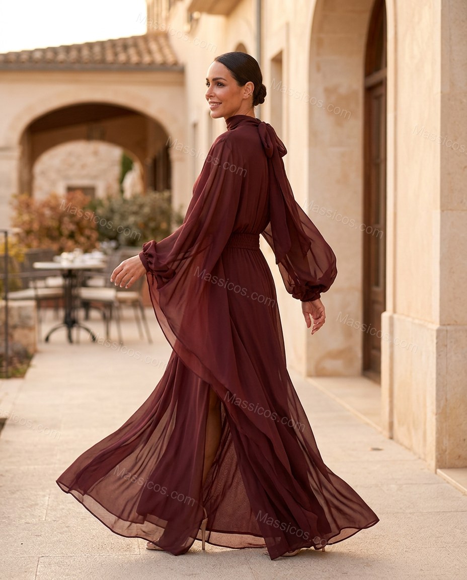Burgundy Maxi Dress, walking lifestyle view, by Massicos