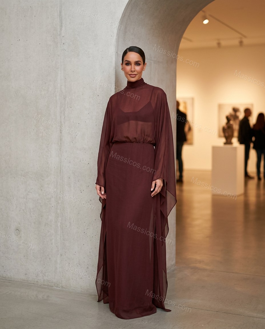 Burgundy Maxi Dress, three-quarter brand lifestyle view, by Massicos